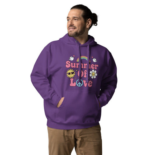 "Summer of Love" retro graphic with pink bubble text, a rainbow, and a smiling sun on a high-quality hooded sweatshirt.