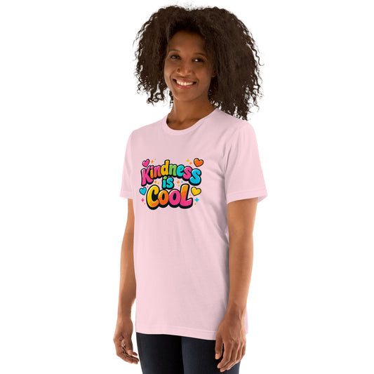 Vibrant "Kindness is Cool" typography design with colorful bubble letters, hearts, and stars on a black background.