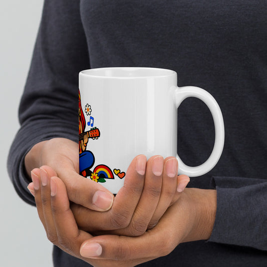 Retro illustration of a hippie girl with sunglasses playing guitar, printed on a ceramic coffee and tea mug.