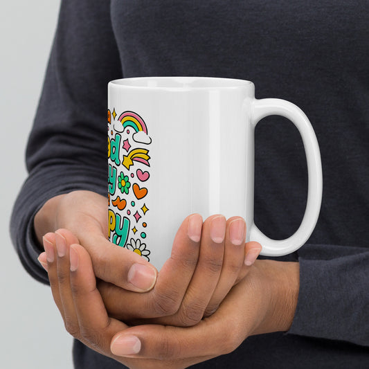 Groovy 70s style mug design with "It's a Good Day to Be Happy" text, rainbows, and daisies on a black background.