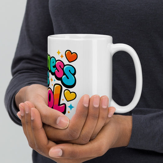 3D bubble lettering saying Kindness is Cool with colorful hearts and stars on a black background for a coffee mug., Faroutgoods