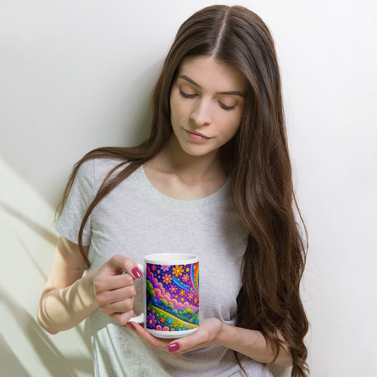 Psychedelic ceramic coffee mug featuring a vibrant rainbow road through green hills with colorful daisy flowers