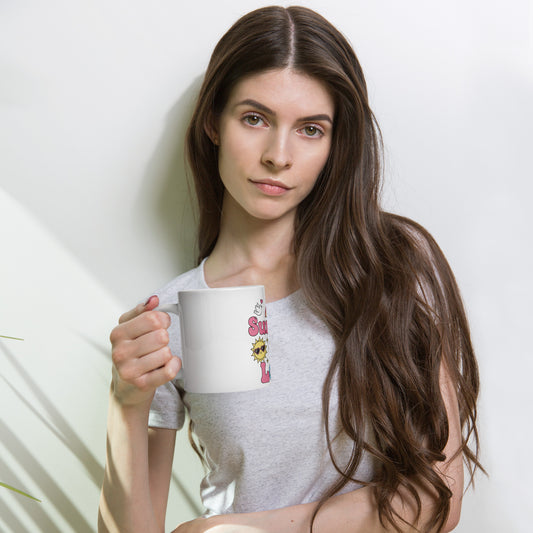 Retro Summer of Love illustration with rainbow, peace sign, sun, and daisy icons in pink and pastel colors on a mug.