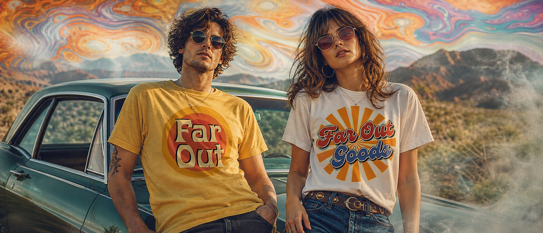 1960 1970 man and woman wearing far out t-shirts
