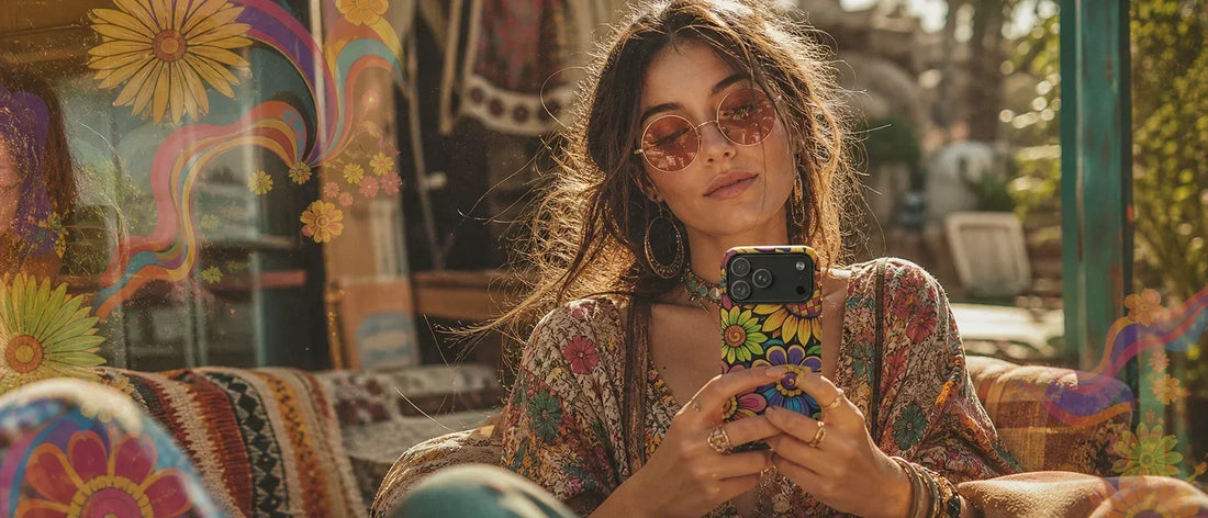 A woman in round sunglasses holding a phone with a colorful 70s psychedelic floral phone case. Faroutgoods