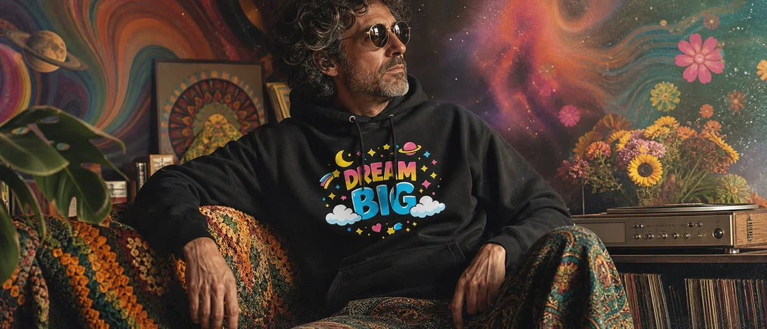 man from the 1960's 1970's era wearing a hoodie with dream text 