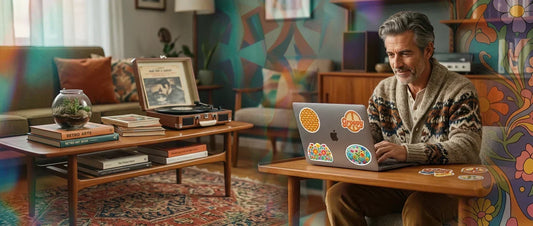 70s Retro Geometric Bubble-Free Stickers on laptop, in a dopamine decorated room