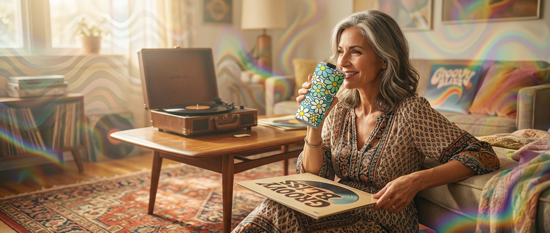 woman drinking from Groovy Bliss of 1960's and 1970's Flower Power with Our Psychedelic Retro Tumbler