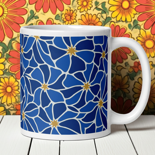 Electric Blue Mosaic Floral - White glossy mug