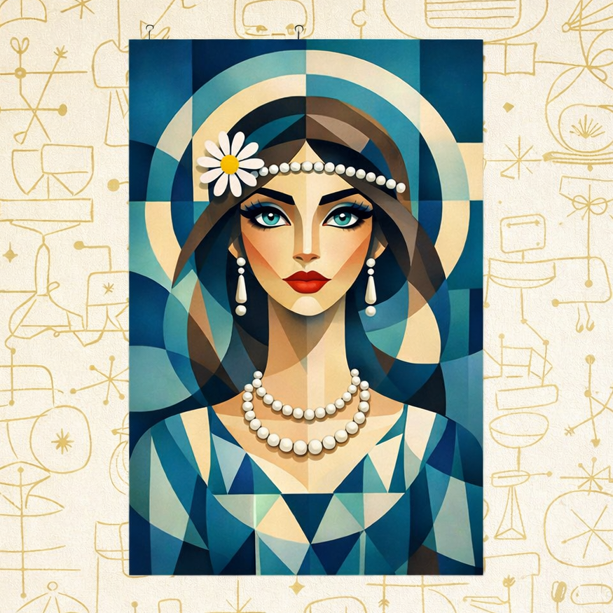 Geometric Cubist portrait of a woman with pearls and a daisy in teal and blue tones, modern Boho wall art poster.