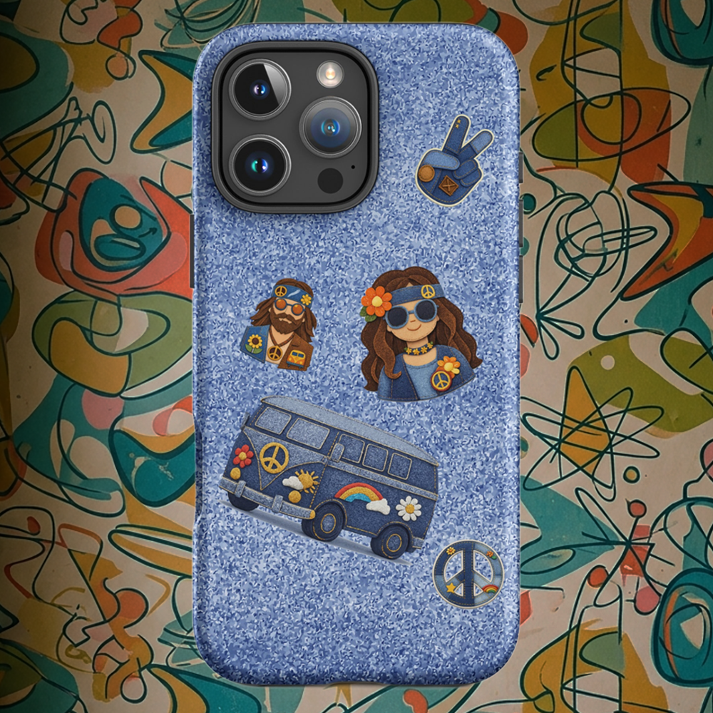 iPhone case design with denim texture and patches of a hippie couple, blue camper van, and peace symbols.