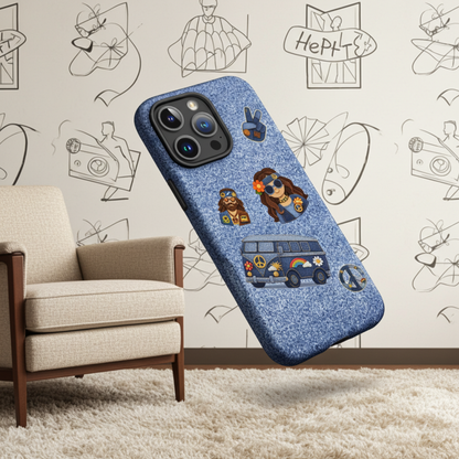 iPhone case design with denim texture and patches of a hippie couple, blue camper van, and peace symbols.