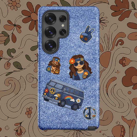 Digital art of denim-textured hippie patches including a van, peace sign, and boho characters on a blue jeans background.