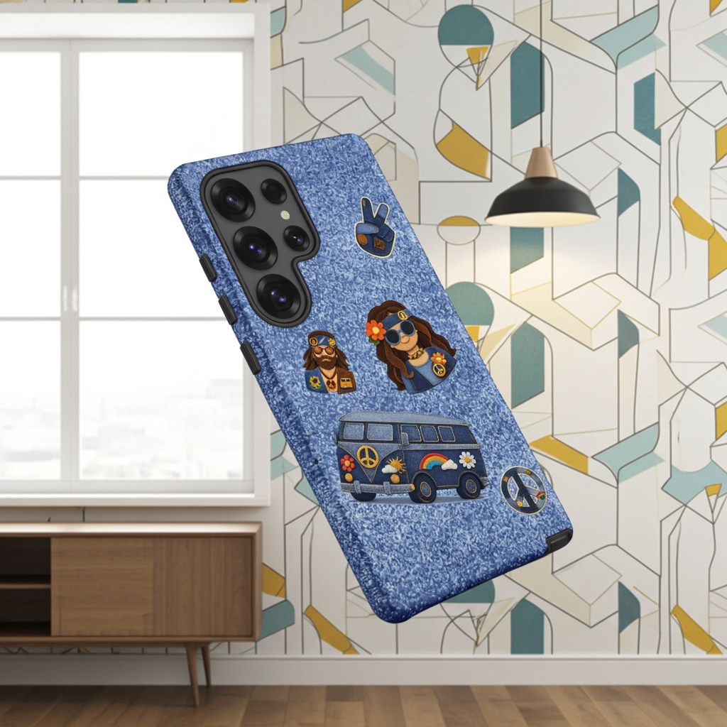 Digital art of denim-textured hippie patches including a van, peace sign, and boho characters on a blue jeans background.