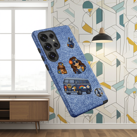Digital art of denim-textured hippie patches including a van, peace sign, and boho characters on a blue jeans background.