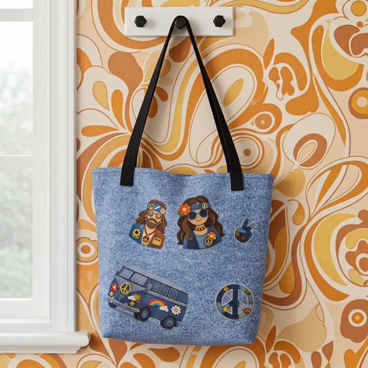 Digital art of a tote bag design featuring denim-textured patches of a hippie couple, a blue bus, and peace symbols.