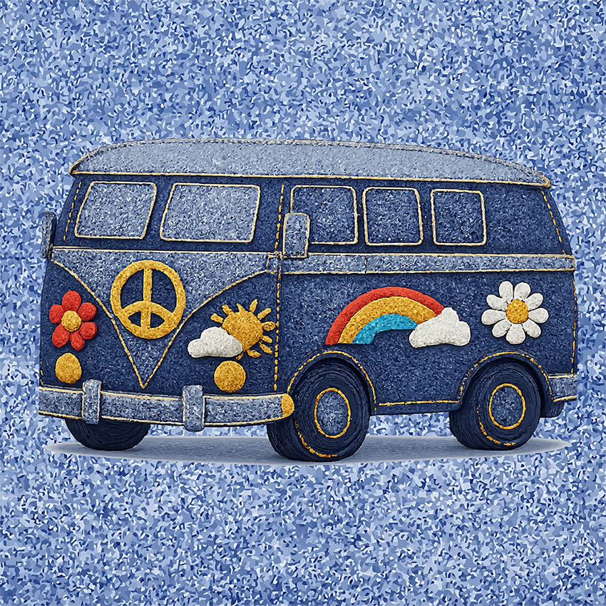 retro camper van design made of blue denim with embroidered peace sign, rainbow, and daisy patches for a travel mug.