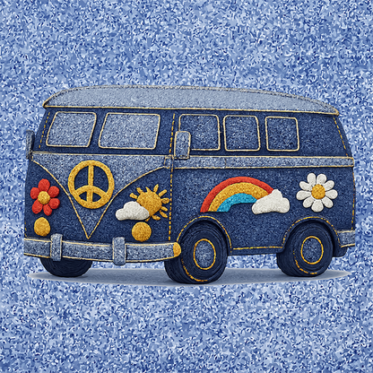 retro camper van design made of blue denim with embroidered peace sign, rainbow, and daisy patches for a travel mug.