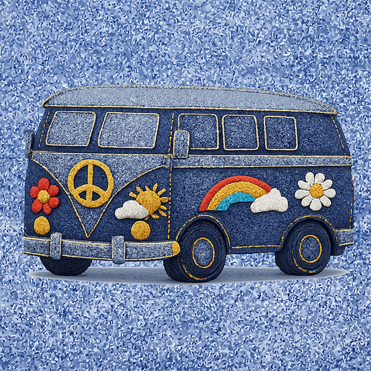 retro camper van design made of blue denim with embroidered peace sign, rainbow, and daisy patches for a travel mug.