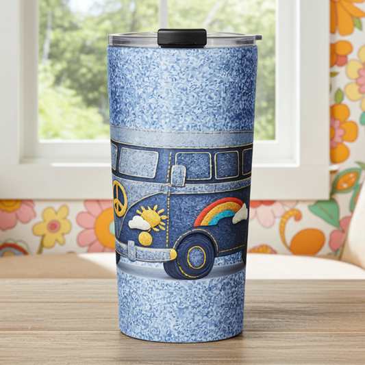retro camper van design made of blue denim with embroidered peace sign, rainbow, and daisy patches for a travel mug.