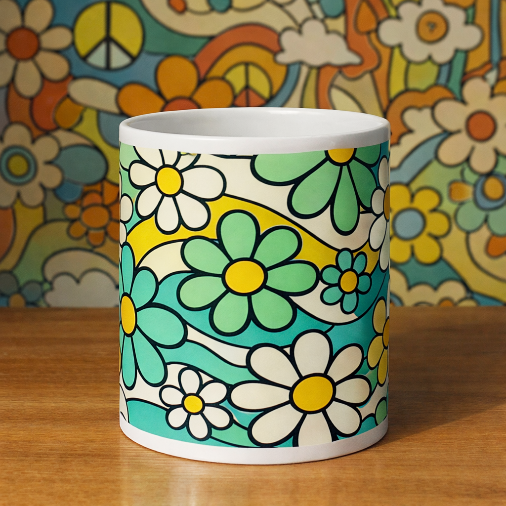 Groovy 70s Retro Floral Daisy White glossy mug