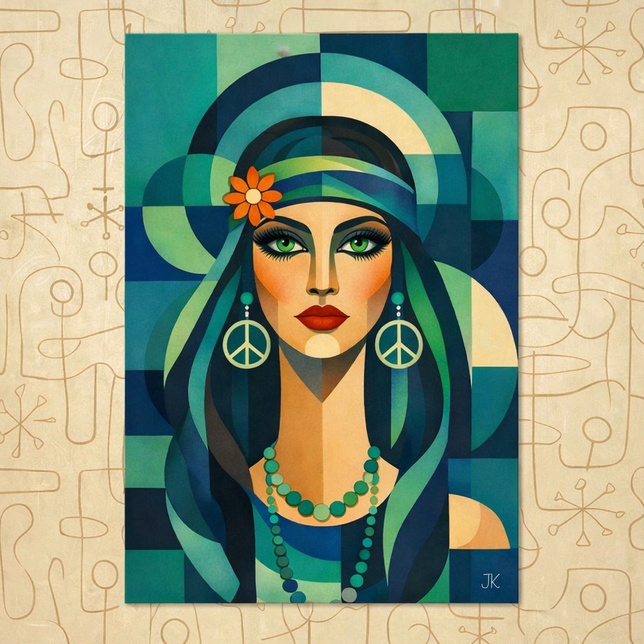 Groovy Boho Peace Goddess – Retro Cubist Portrait - Poster