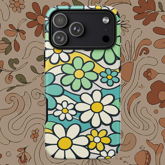 Protective iPhone case featuring a seamless 70s retro floral pattern with teal and yellow daisies and wavy lines.