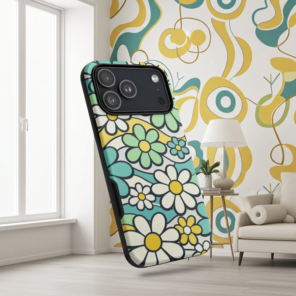 Protective iPhone case featuring a seamless 70s retro floral pattern with teal and yellow daisies and wavy lines.