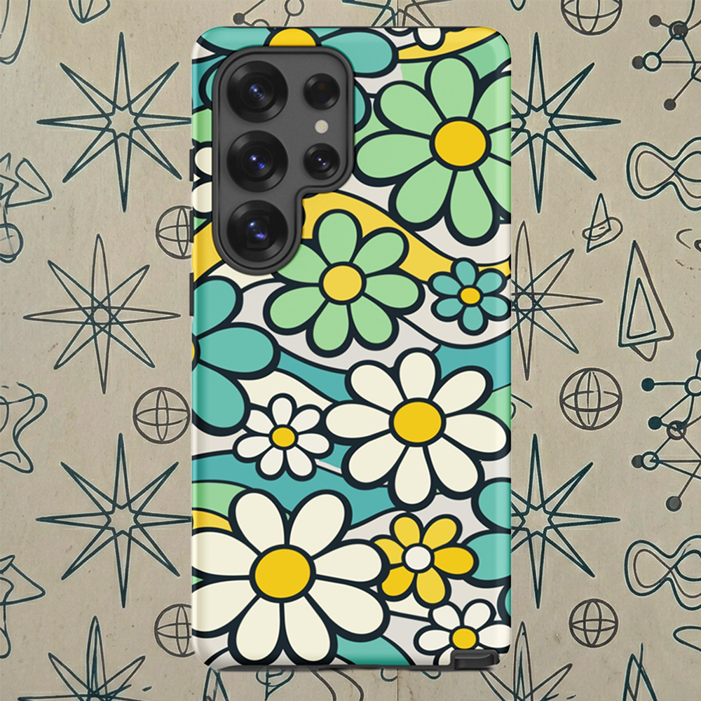Protective Samsung Galaxy case featuring a seamless 70s retro floral pattern with teal and yellow daisies and wavy lines.