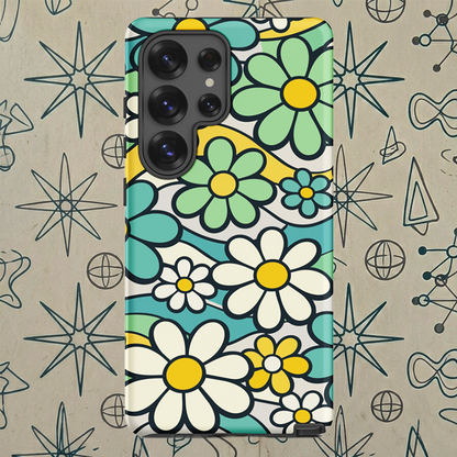Protective Samsung Galaxy case featuring a seamless 70s retro floral pattern with teal and yellow daisies and wavy lines.