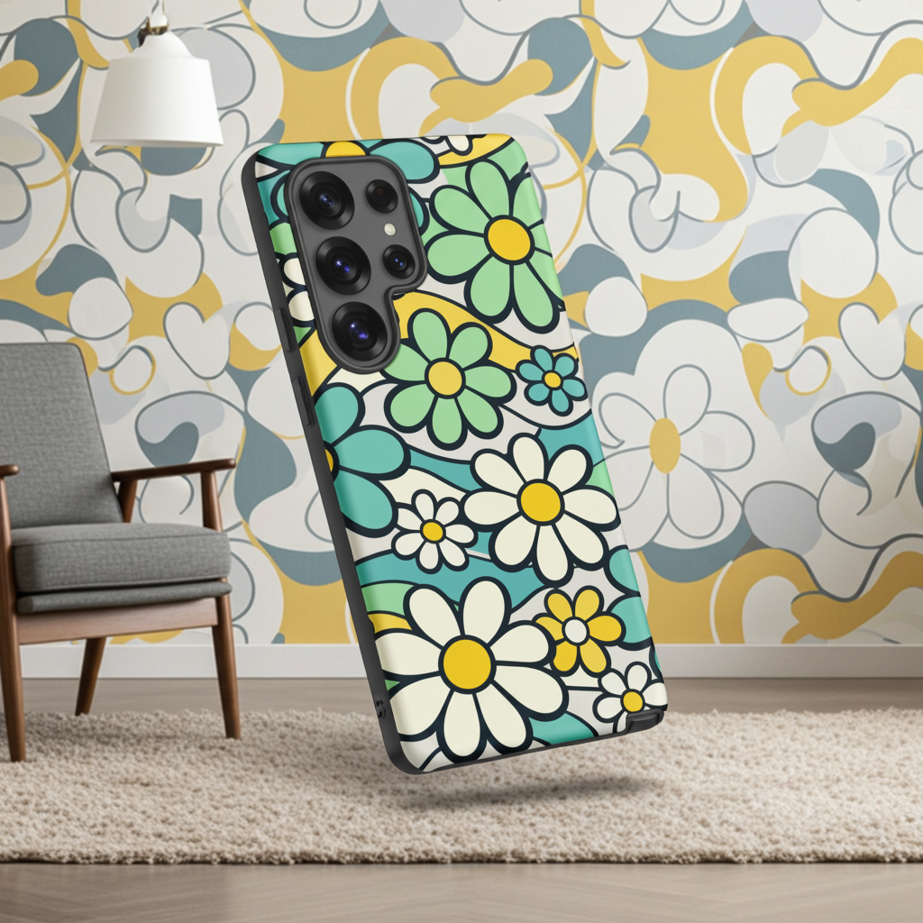 Protective Samsung Galaxy case featuring a seamless 70s retro floral pattern with teal and yellow daisies and wavy lines.