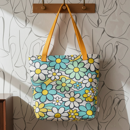Reusable tote bag featuring a seamless 70s retro floral pattern with teal and yellow daisies and wavy lines.