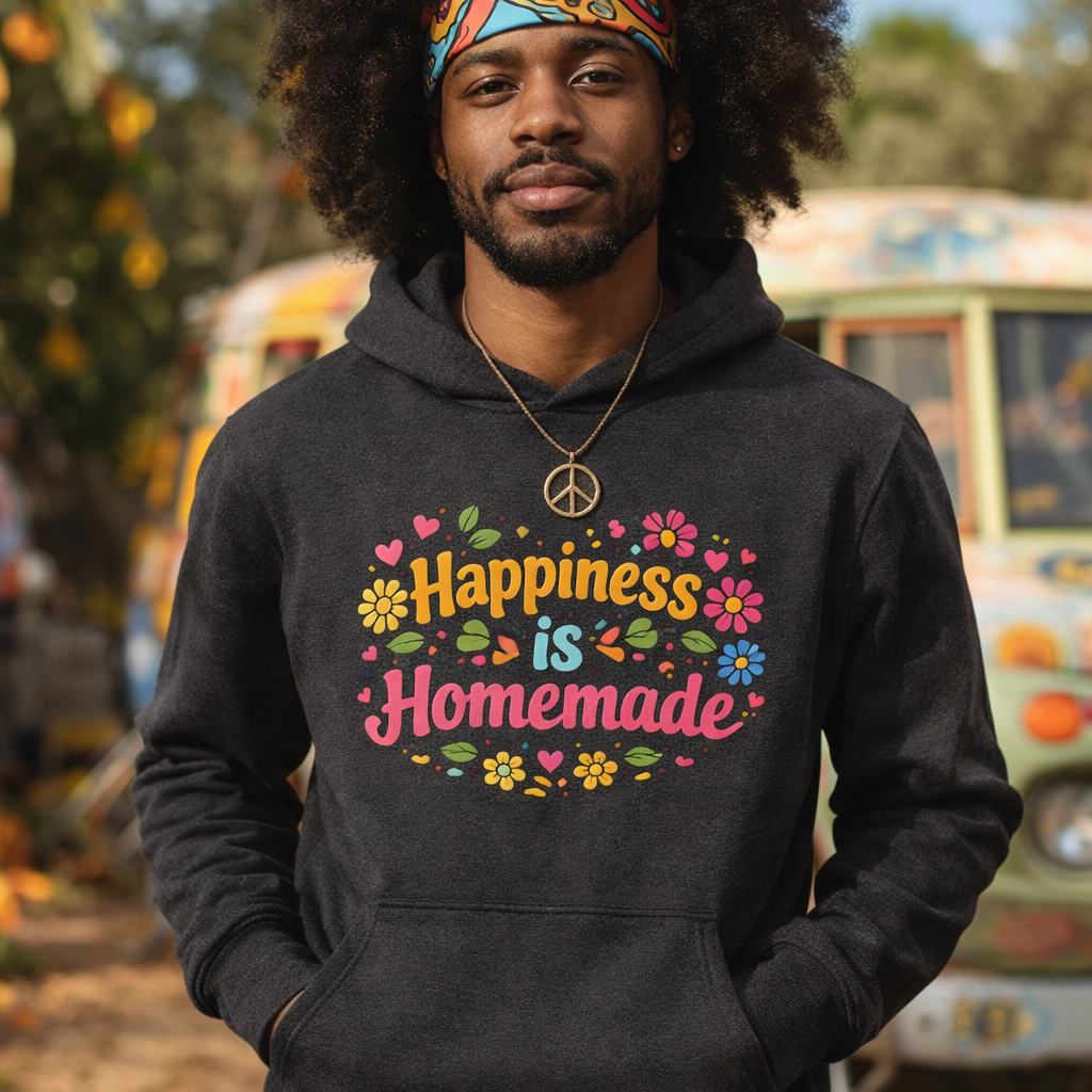 Colorful retro "Happiness is Homemade" text surrounded by groovy 70s-style flowers and hearts