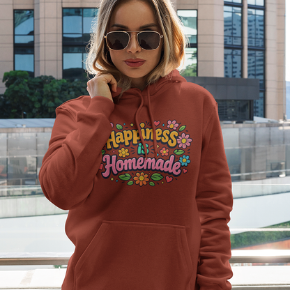 Colorful retro "Happiness is Homemade" text surrounded by groovy 70s-style flowers and hearts