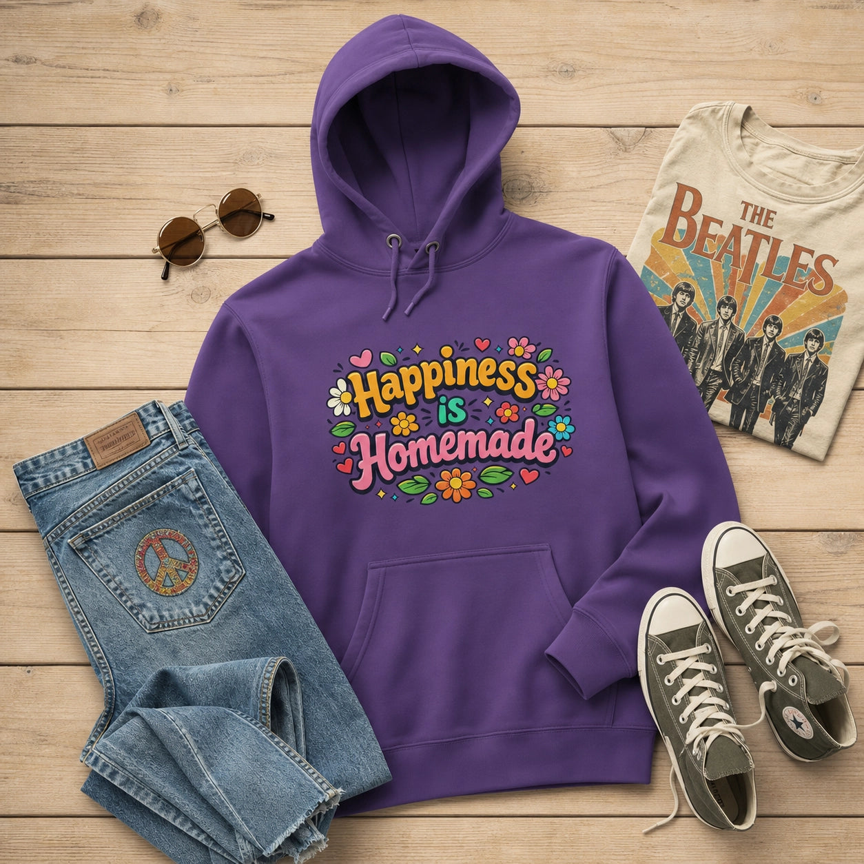 A styled flat-lay featuring a purple hoodie with a colorful retro graphic that reads 'Happiness is Homemade'. The hoodie is arranged on a light wood background alongside blue jeans with a peace sign patch, green sneakers, sunglasses, and a vintage-style Beatles t-shirt.