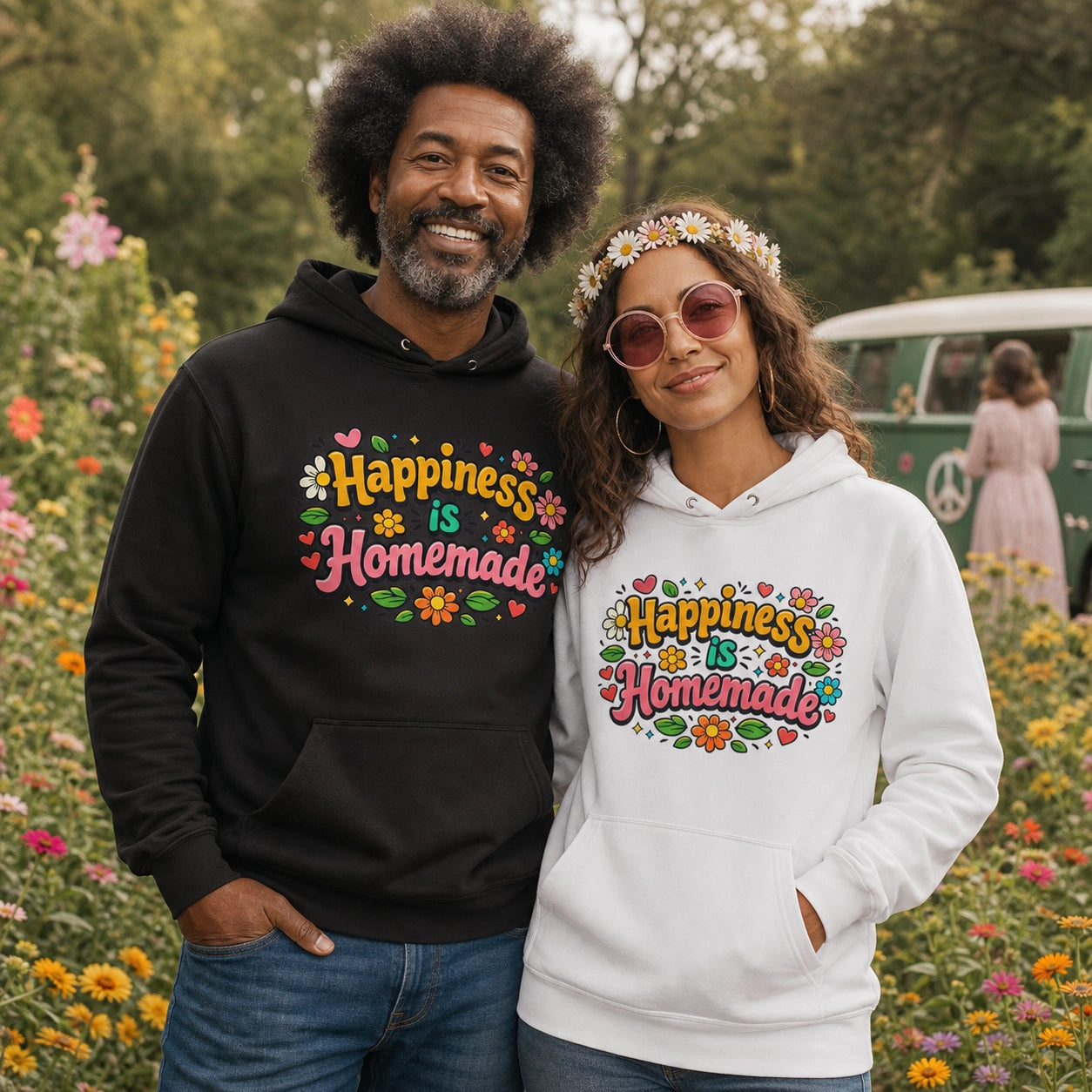 A man and a woman standing together outdoors in a flower garden, each wearing a hoodie with the phrase “Happiness is Homemade” printed on the front in colorful retro lettering with flowers and hearts. The man wears a black hoodie, and the woman wears a white hoodie.