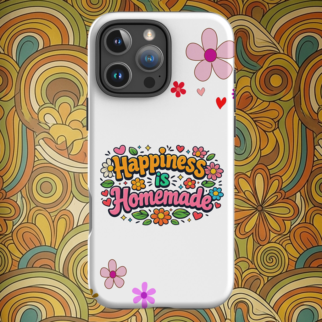 Groovy iPhone case featuring 'Happiness is Homemade' text with 1970s style flowers and hearts on a black background.