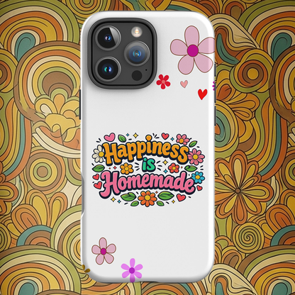 Groovy iPhone case featuring 'Happiness is Homemade' text with 1970s style flowers and hearts on a black background.
