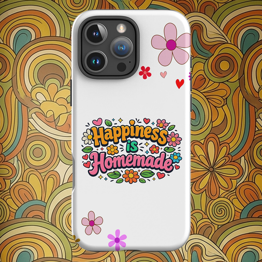 Groovy iPhone case featuring 'Happiness is Homemade' text with 1970s style flowers and hearts on a black background.