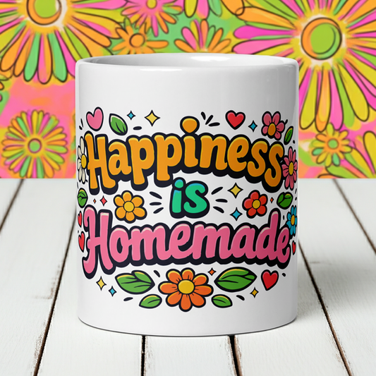 Retro coffee mug featuring 'Happiness is Homemade' text with 70s-style flowers and hearts on a black background.