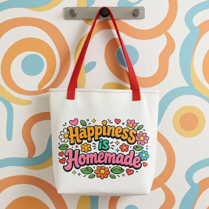 Retro tote bag featuring 'Happiness is Homemade' text with 1970s style flowers and hearts on a black background.