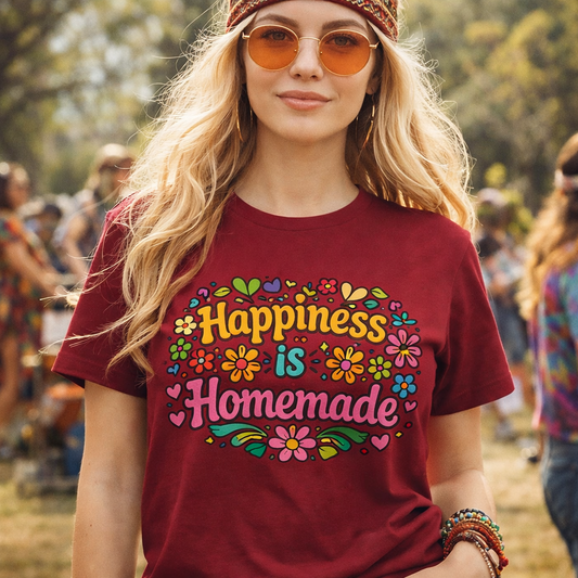 Groovy retro t-shirt featuring 'Happiness is Homemade' text with 1970s style flowers and hearts on a black background.