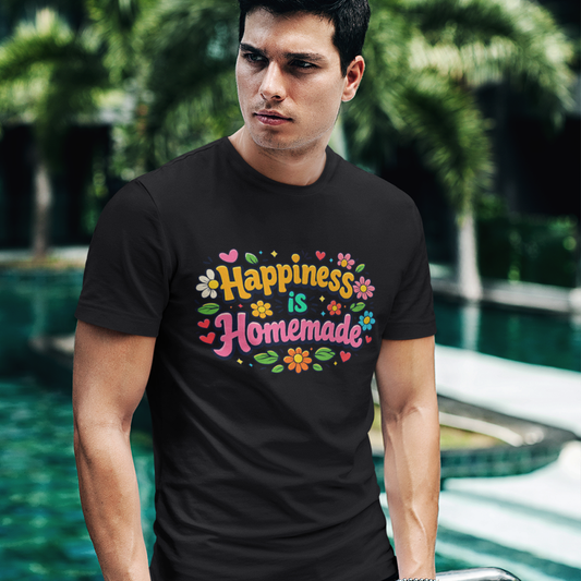 Groovy retro t-shirt featuring 'Happiness is Homemade' text with 1970s style flowers and hearts on a black background.
