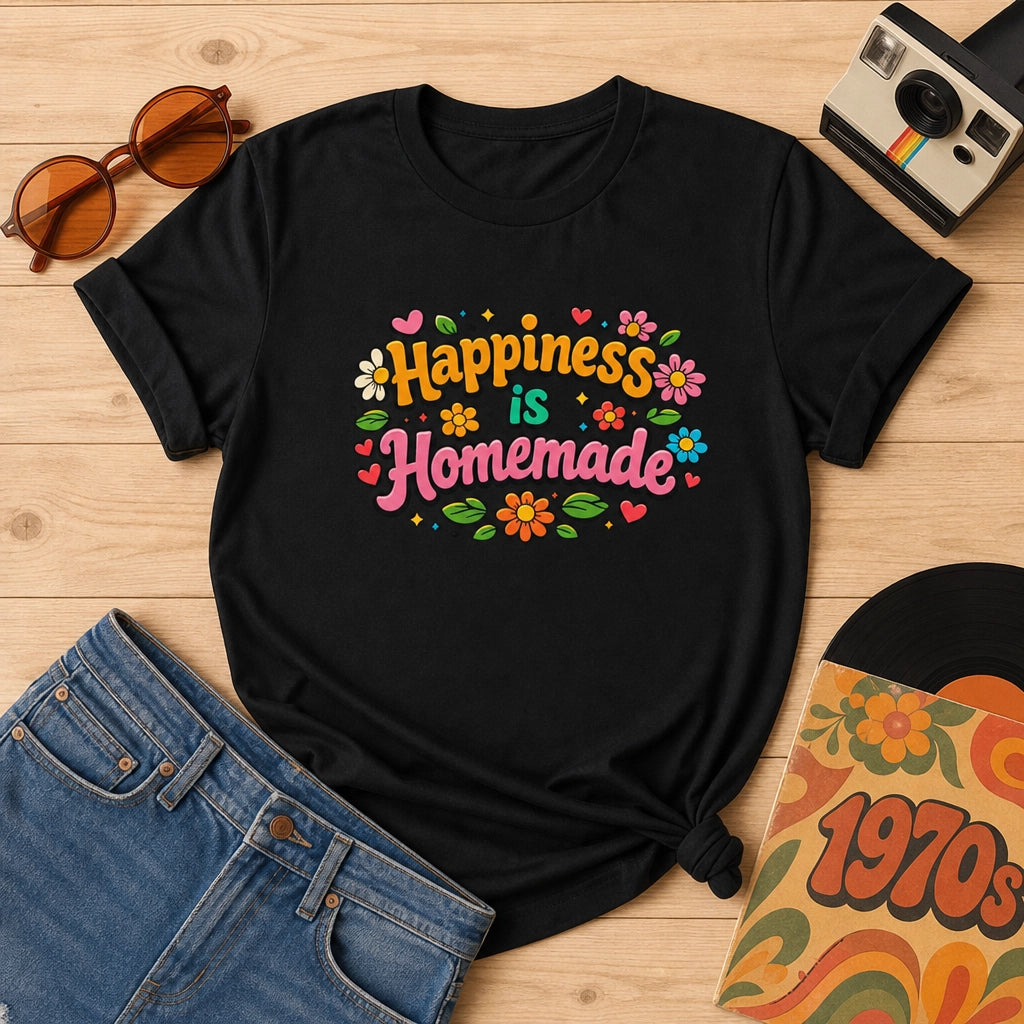 Groovy retro t-shirt featuring 'Happiness is Homemade' text with 1970s style flowers and hearts on a black background.