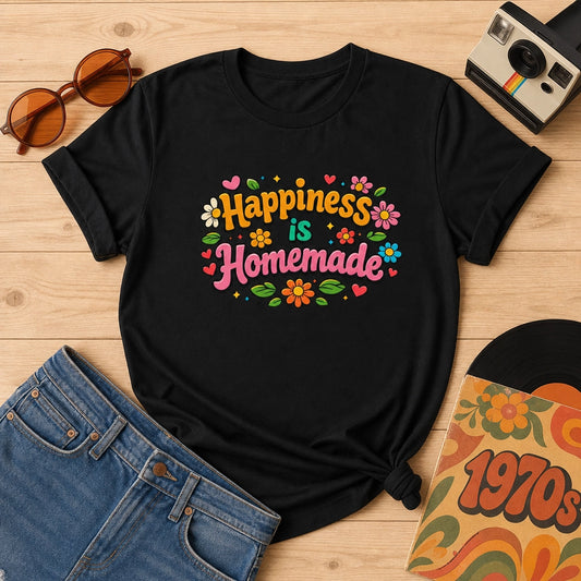 Groovy retro t-shirt featuring 'Happiness is Homemade' text with 1970s style flowers and hearts on a black background.