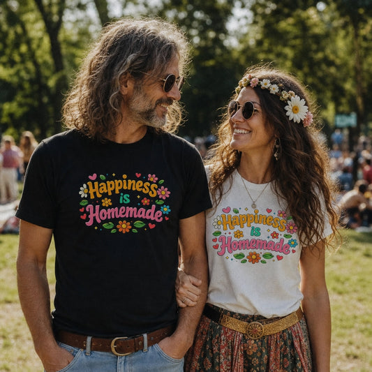 Groovy retro t-shirt featuring 'Happiness is Homemade' text with 1970s style flowers and hearts on a black background.