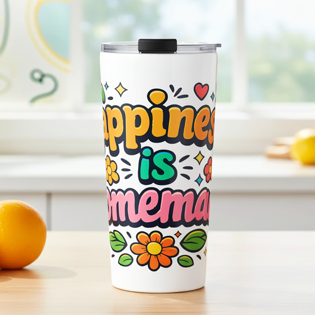 Groovy retro travel mug with 'Happiness is Homemade' text, surrounded by 70s flowers and hearts