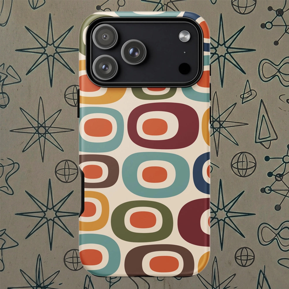 Retro 1970s mid-century modern geometric oval pattern TPU iPhone case featuring colorful mustard, orange, teal, and navy shapes