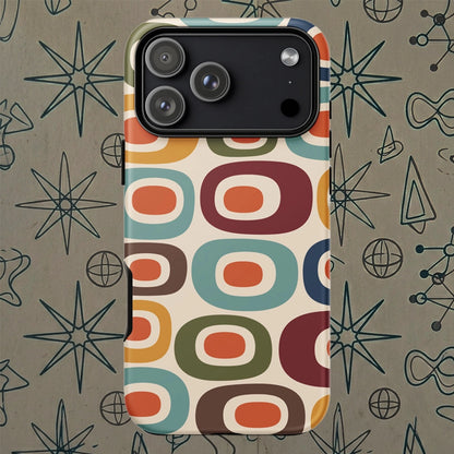 Retro 1970s mid-century modern geometric oval pattern TPU iPhone case featuring colorful mustard, orange, teal, and navy shapes
