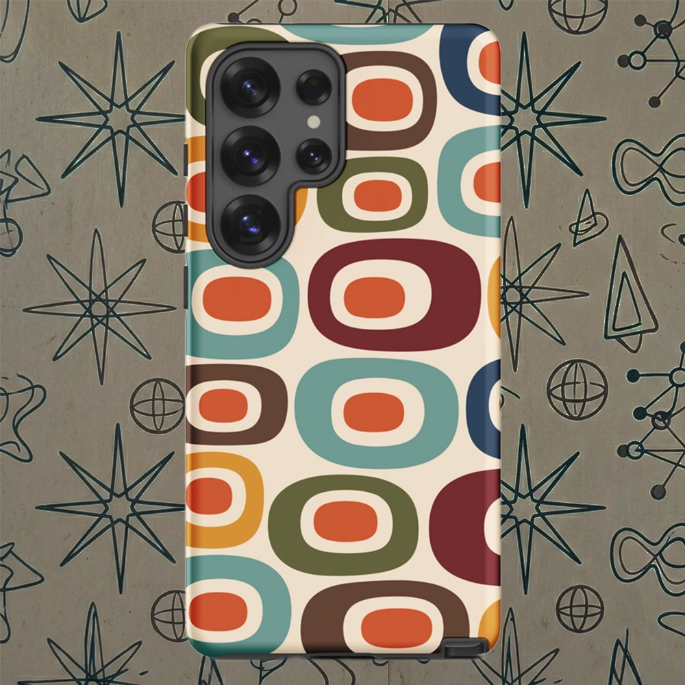 Retro 1970s mid-century modern geometric oval pattern TPU Samsung Galaxy case with colorful mustard, orange, and teal shapes